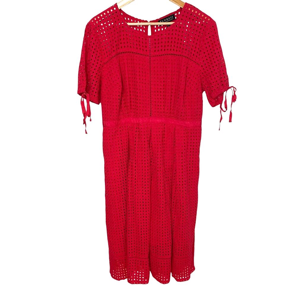 Eloquii Dark Pink Dress Womens 14 Midi Short Sleeve Tie Lined Eyelet Keyhole